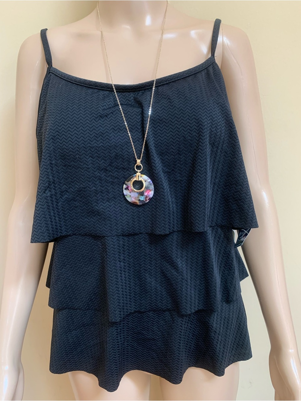 NWT Caribbean Joe Midriff Minimizer Tiered Ruffle Padded Black Tankini Sz 16 1X